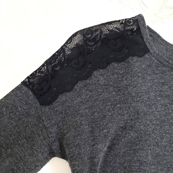 Forever 21 Woman's Sz L Top grey long sleeves black lace at shoulders round neck - Picture 3 of 7